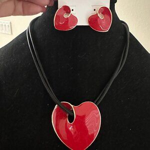 NWT CHICO'S Red Enamel Heart Pendant Necklace  and matching Enamel Heart Stud